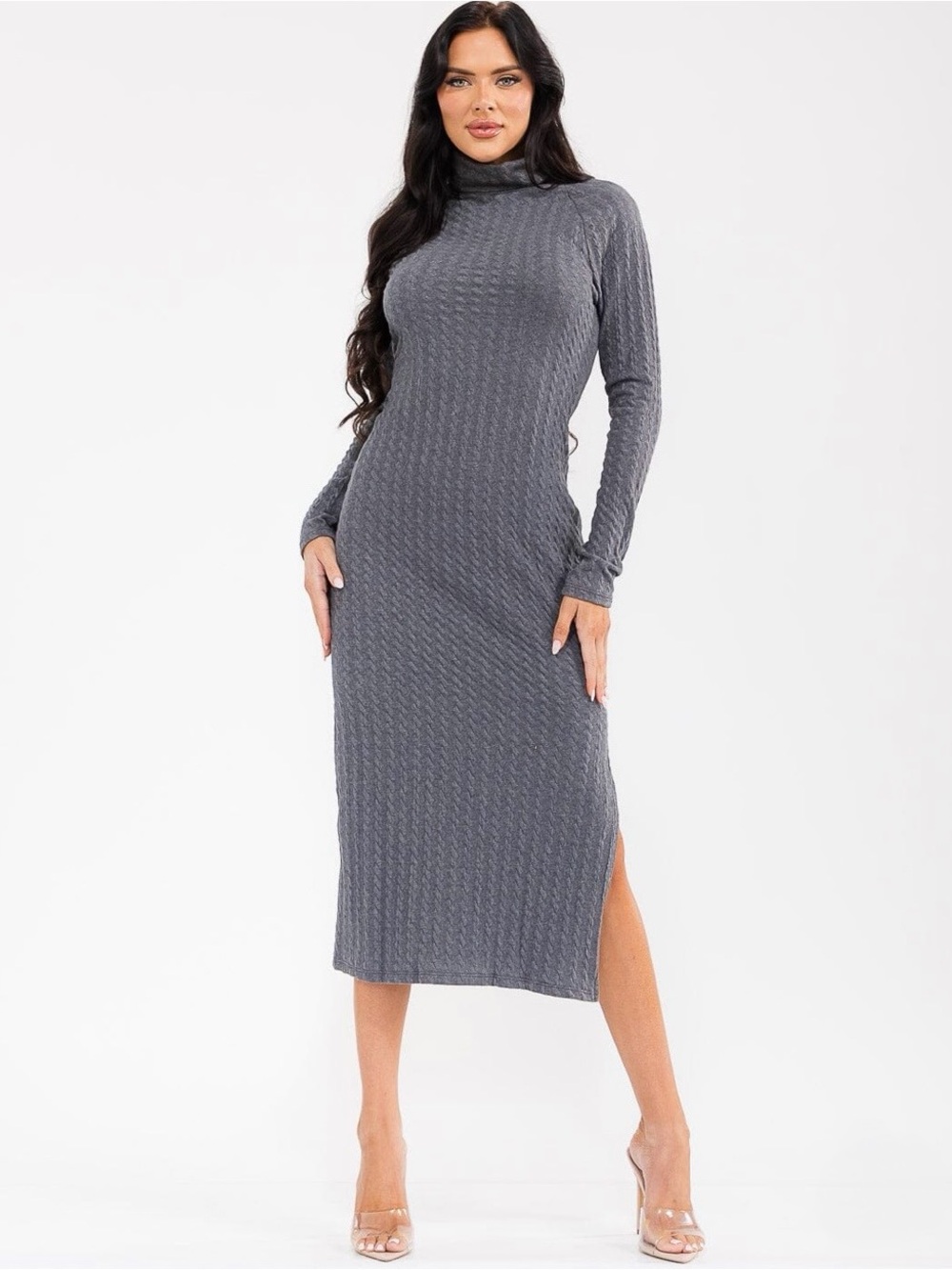 Gilli Long Sleeve Turtleneck Side Slit Ribbed Bodycon Midi Dress - Charcoal Gray